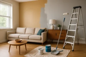 Widok nowoczesnego mieszkania z estetycznie pomalowanymi ścianami.