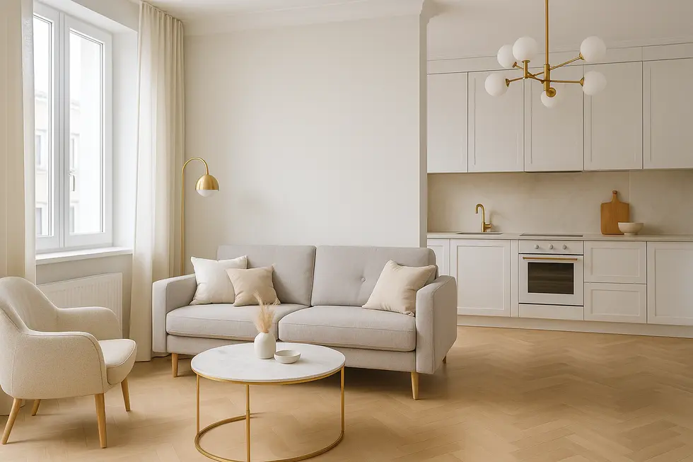 Jasne, nowoczesne wnętrze mieszkania po remoncie z eleganckimi akcentami.