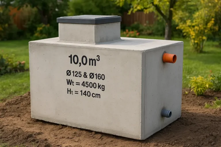 Ile kosztuje szambo betonowe? Ceny, pojemność i montaż szamb betonowych 3 Nowoczesne betonowe szambo w ogrodzie, z widocznymi informacjami o pojemności.