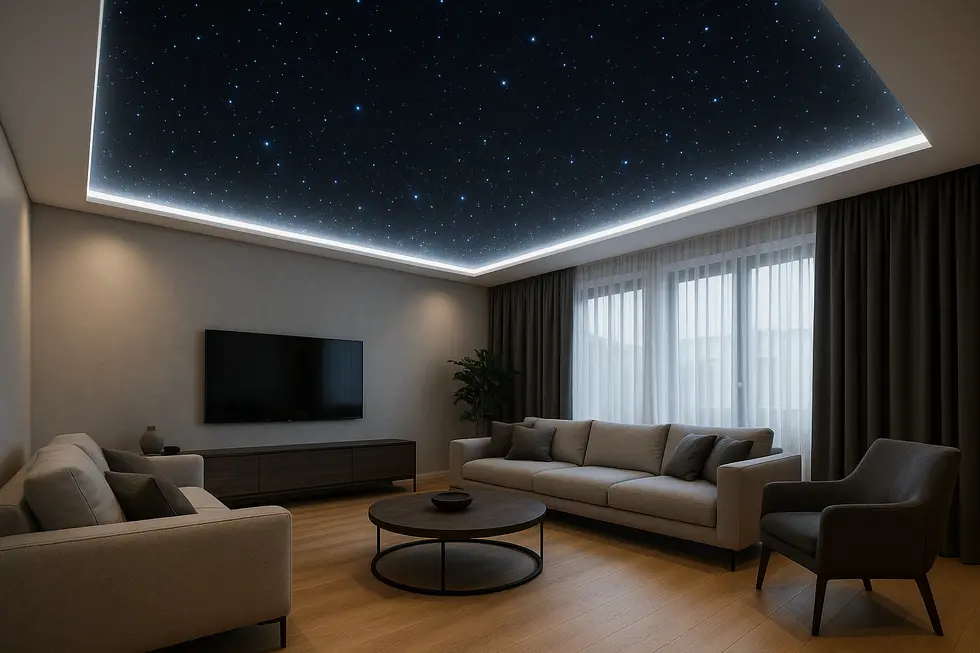 A modern living room showcasing a stretch ceiling effect resembling a starry sky for elegant design.