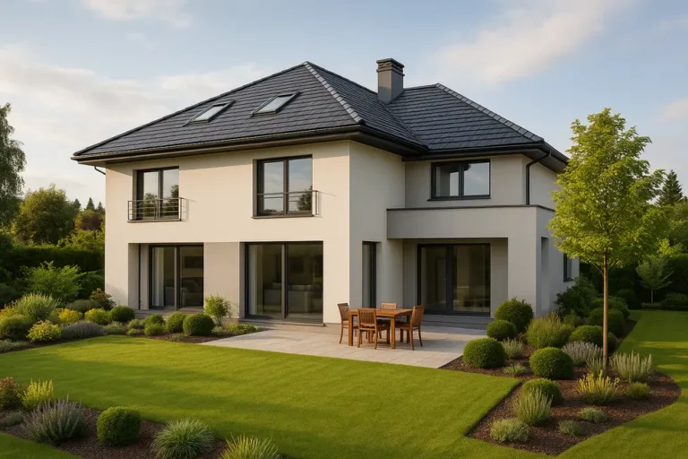 Ile kosztuje budowa domu 200 m²? Przewodnik dla przyszłych właścicieli 8 Widok na nowoczesny dom z ogrodem o powierzchni 200 m².