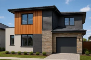 Nowoczesny dom przedstawiający różnorodne elewacje, które pokazują różne style architektoniczne.