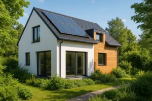 Widok nowoczesnego domu energooszczędnego z zielonym otoczeniem.