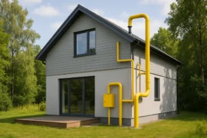 Zewnętrzny widok nowoczesnego domu z profilem instalacji gazowej.