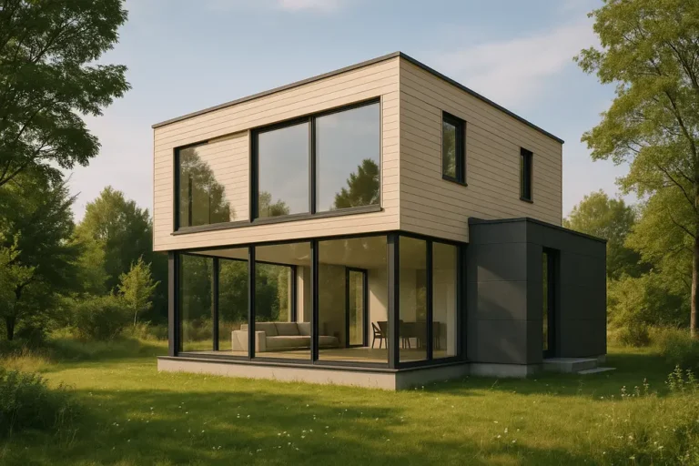 Ile kosztuje budowa domu pasywnego? Przewodnik dla przyszłych inwestorów 9 Widok nowoczesnego domu pasywnego w naturalnym otoczeniu, obrazujący zasady zrównoważonego budownictwa.