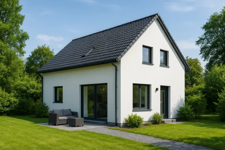 Ile kosztuje budowa domu pod klucz w 2025 roku? 11 Nowoczesny dom otoczony zielenią, idealny dla przyszłych właścicieli.