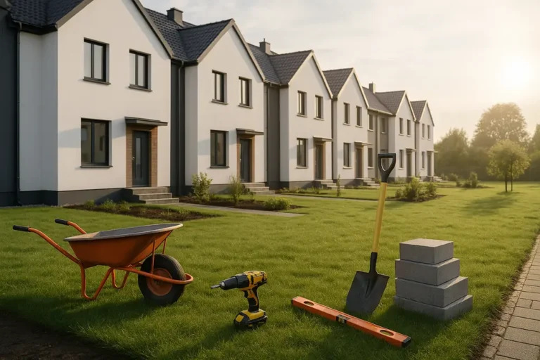 Ile kosztuje budowa domu szeregowego? 12 Nowoczesny dom szeregowy z ogrodem, pokazujący potencjał inwestycyjny.