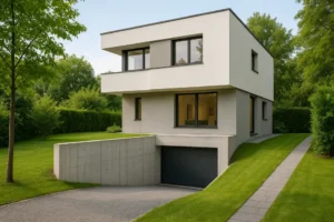 Nowoczesny biegający dom z widoczną podpiwniczoną częścią.