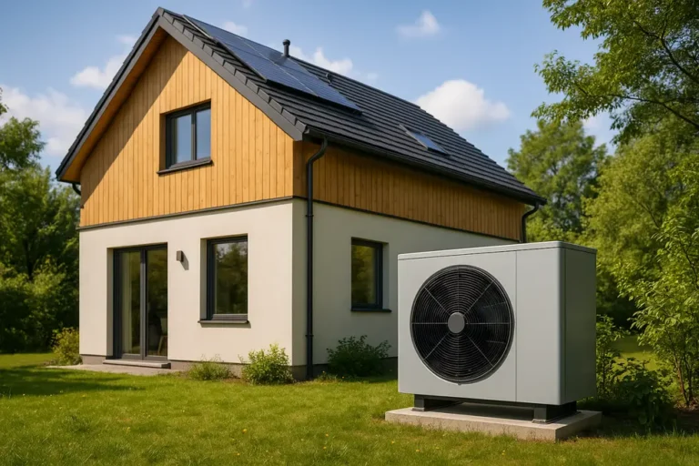 Ile kosztuje montaż pompy ciepła? 8 Widok ekologicznego domu pokazującego zainstalowaną pompę ciepła, otoczony zielenią.