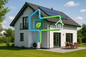 Widok na nowoczesny budynek mieszkalny z widoczną instalacją rekuperacyjną.