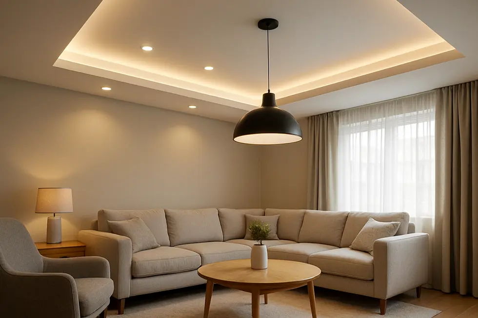 Stylowe wnętrze z sufitem podwieszanym i nowoczesnym wyposażeniem.