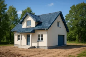 Nowowybudowany dom otoczony zielenią, symbolizujący sukces w budowie.