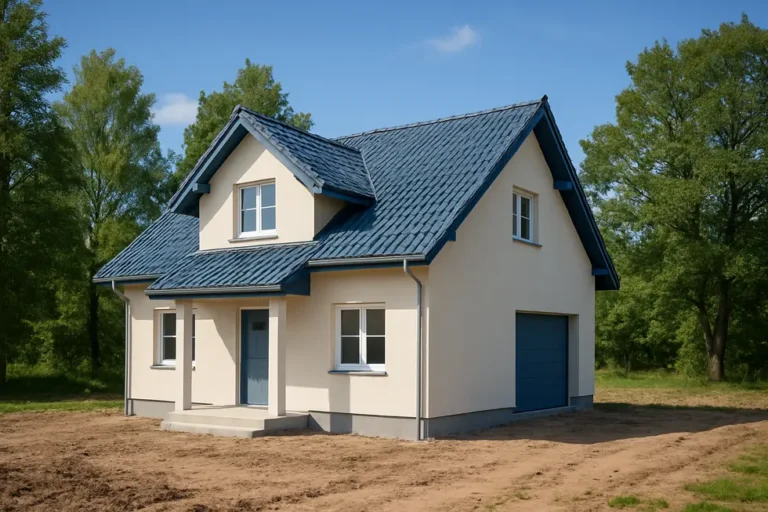 Ile kosztuje budowa domu systemem gospodarczym? Praktyczny poradnik 12 Nowowybudowany dom otoczony zielenią, symbolizujący sukces w budowie.