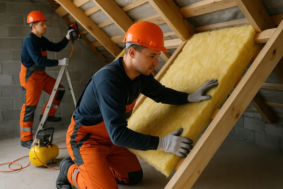 Ekipa robocza wykonująca ocieplenie dachu nowoczesnym materiałem izolacyjnym.