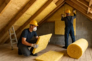 Ekipa zajmująca się ociepleniem poddasza, ilustrująca cały proces izolacji.