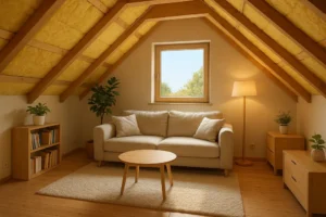 Widok na przytulne, ocieplone poddasze z dobrą izolacją.