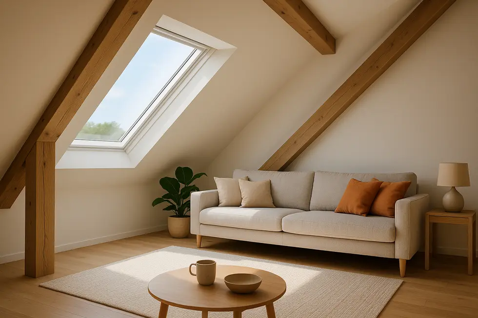 Zdjęcie przytulnego poddasza, które zostało ocieplone pianką poliuretanową, ukazujące lepszy komfort i estetykę.