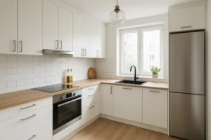 Przemieniona kuchnia o nowoczesnym designie po remoncie.