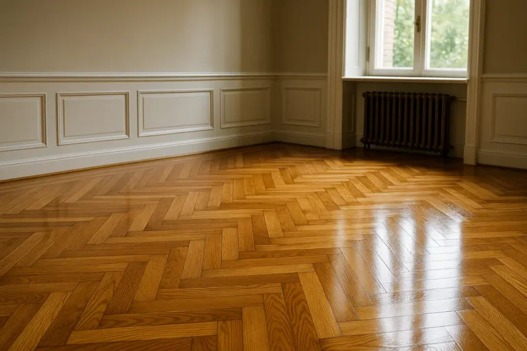 Nowo odnowiona drewniana podłoga w stylowym wnętrzu, podkreślająca urok naturalnego drewna.