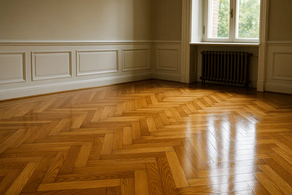 Nowo odnowiona drewniana podłoga w stylowym wnętrzu, podkreślająca urok naturalnego drewna.