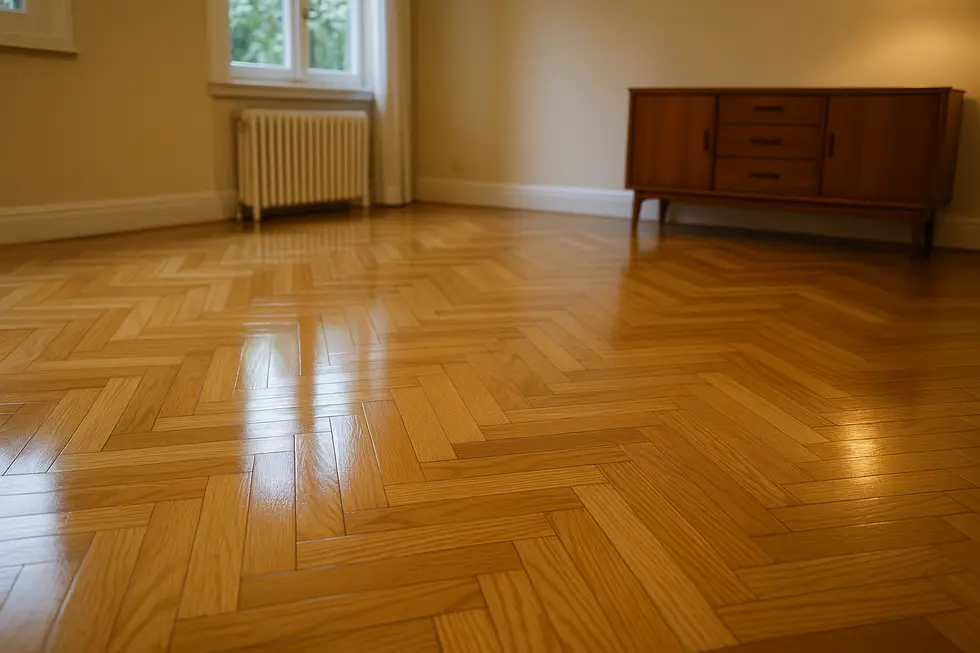 Wnętrze z odnowioną drewnianą podłogą, które podkreśla efekt lakierowania.