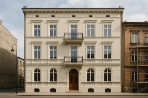 Odnowiona kamienica z nową elewacją i stolarką.