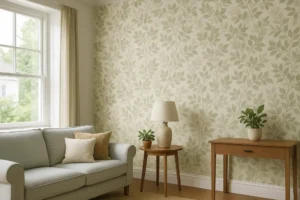 Odnowione wnętrze z nową tapetą, pokazujące efekt końcowy tapetowania.