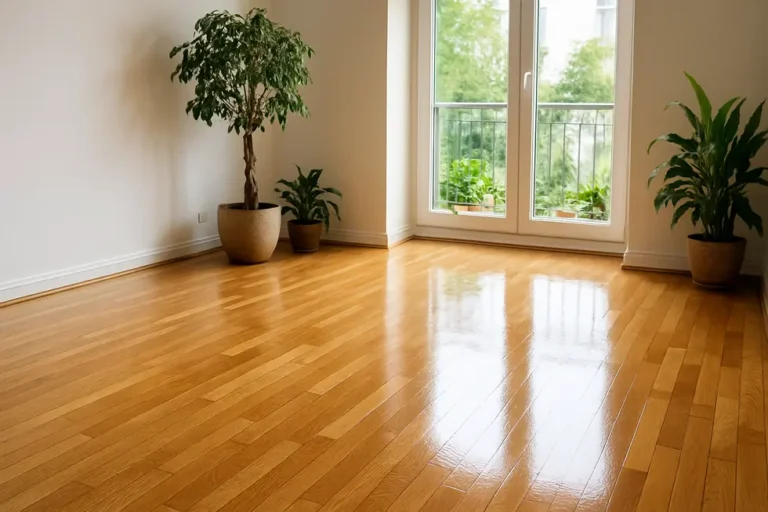 Ile kosztuje cyklinowanie parkietu? 3 Piękny, połyskujący parkiet po cyklinowaniu w jasnym wnętrzu.