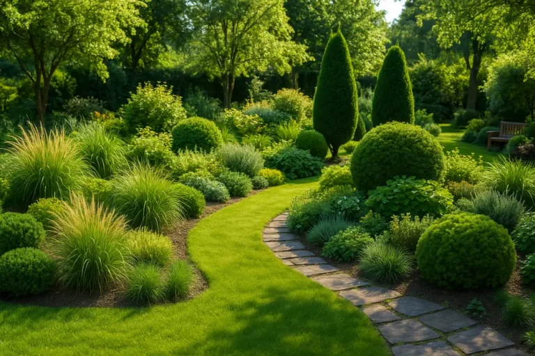 Ile kosztuje odwodnienie działki? Praktyczny przewodnik dla właścicieli 1 Ogród z roślinnością po wykonaniu odwodnienia, z zielonymi drzewami i kwiatami w tle.