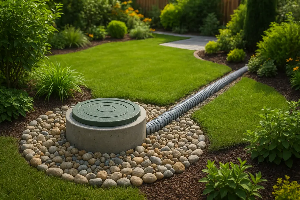 Ogród z widoczną studnią chłonną, zieleń roślin i elementy dekoracyjne.