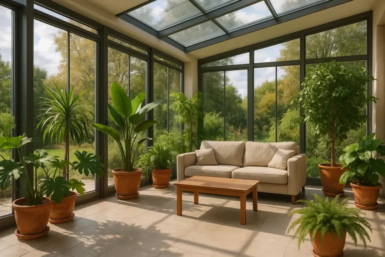 Ile kosztuje budowa ogrodu zimowego: luksusowe przestrzenie w Twoim domu 12 Przestronny ogród zimowy z eleganckim wystrojem i roślinnością.