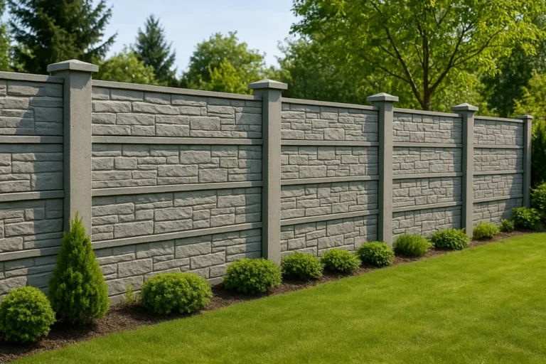 Wykończone ogrodzenie betonowe w zadbanym otoczeniu ogrodu.