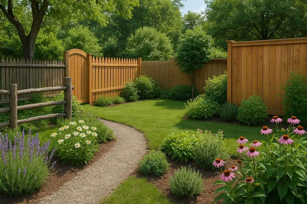 A tranquil garden scene featuring various elegant wooden fences.