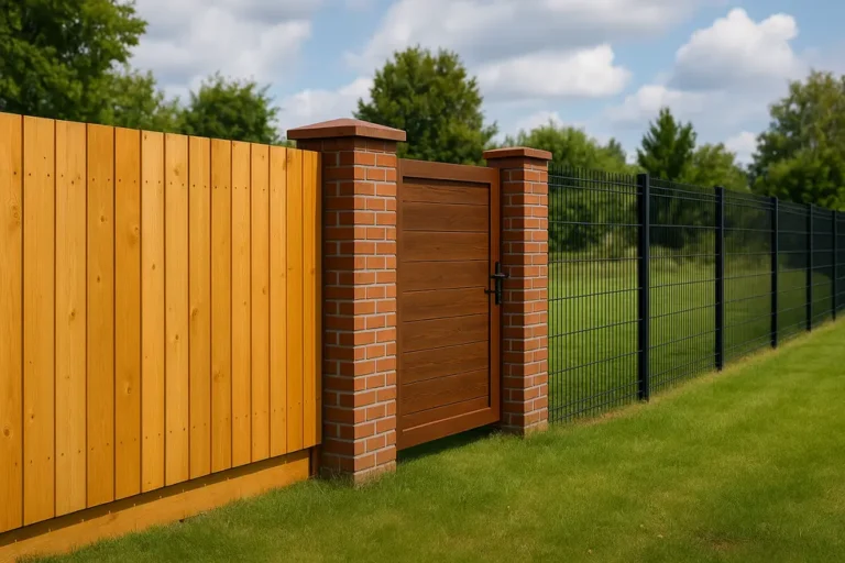 Zdjęcie przedstawiające różne style ogrodzeń na działce.
