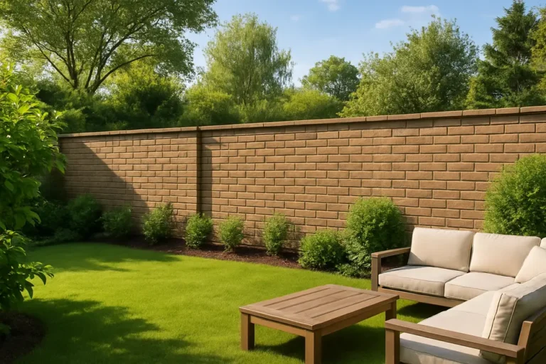 A well-constructed masonry fence surrounding a tranquil backyard garden.