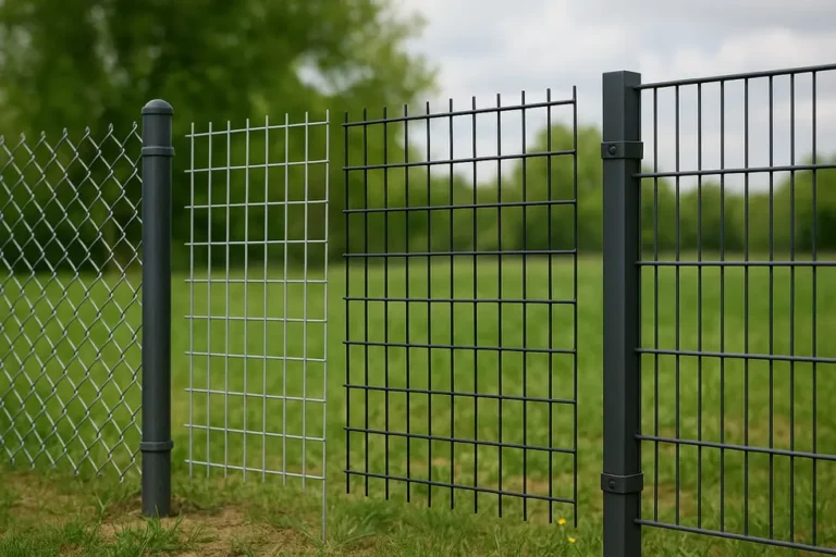 A montage of different mesh fencing solutions displayed in a garden setting.