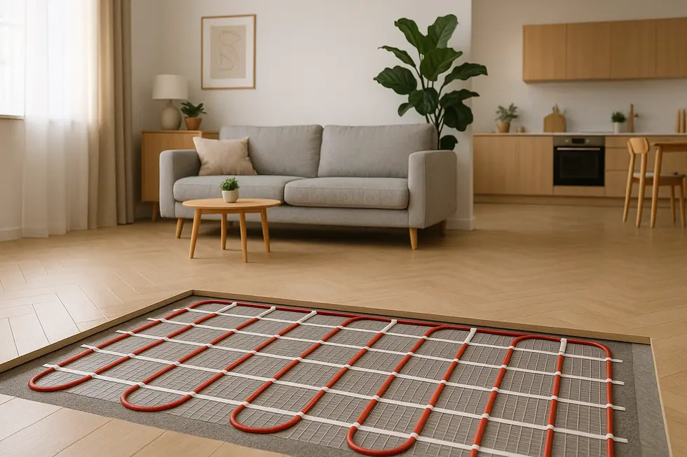 Stylowe mieszkanie z widocznym systemem ogrzewania podłogowego.