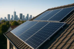 Nowoczesne panele słoneczne na dachu z miejską panoramą w tle.