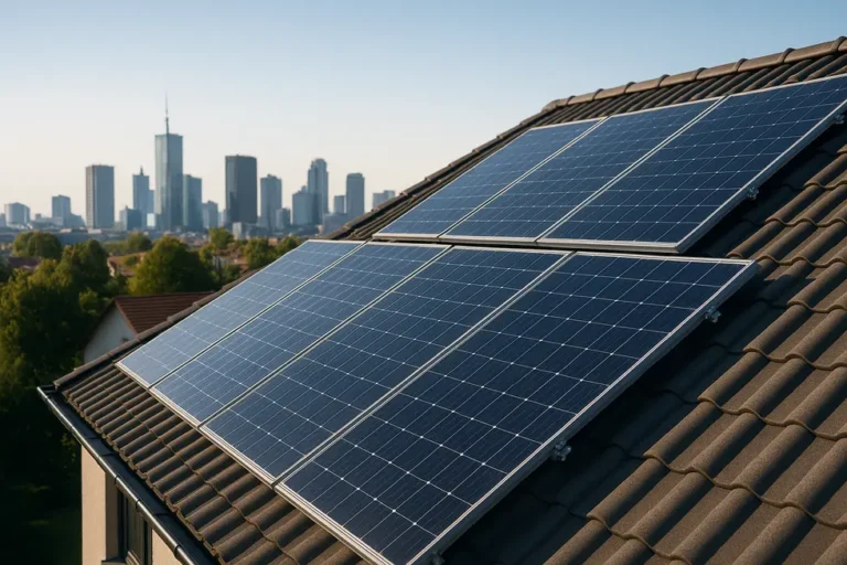 Koszt instalacji fotowoltaicznej 10 kW: Inwestycja w Energię Odnawialną 4 Nowoczesne panele słoneczne na dachu z miejską panoramą w tle.