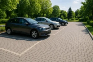 Zdjęcie parkingu z kostki brukowej, na którym widać parkowane samochody i estetyczne wykończenie.