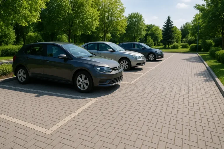 Koszt parkingu z kostki brukowej – Jak zaplanować budowę? 6 Zdjęcie parkingu z kostki brukowej, na którym widać parkowane samochody i estetyczne wykończenie.