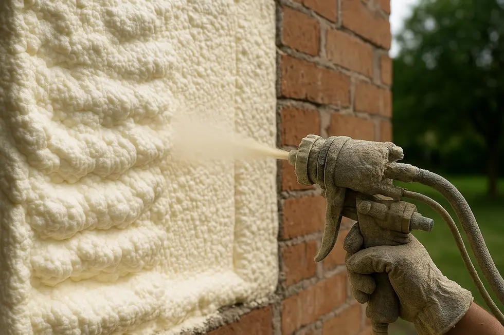 Aplikacja pianki PUR na ścianę, obrazek ilustrujący proces izolacji.