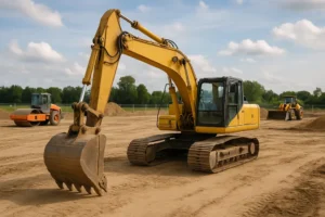Widok na plac budowy z maszynami budowlanymi, w tym koparką.