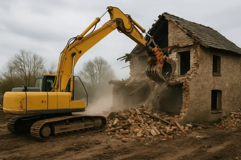 Ile kosztuje rozbiórka domu? Przewodnik po kosztach i formalnościach 6 Plac budowy z maszynami i rozbiórką budynku.
