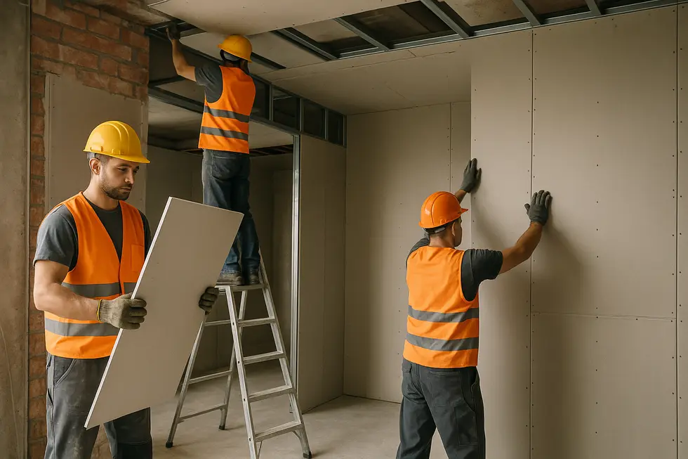 Zespół budowlany stosujący płyty gipsowe w trakcie prac remontowych.