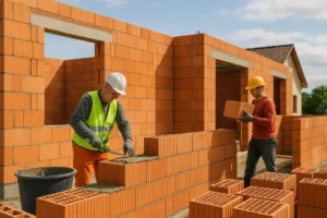Pracownicy na placu budowy używają pustaków Porotherm w trakcie budowy nowego domu.