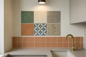 Różne płytki ceramiczne w nowoczesnym wnętrzu kuchni lub łazienki.