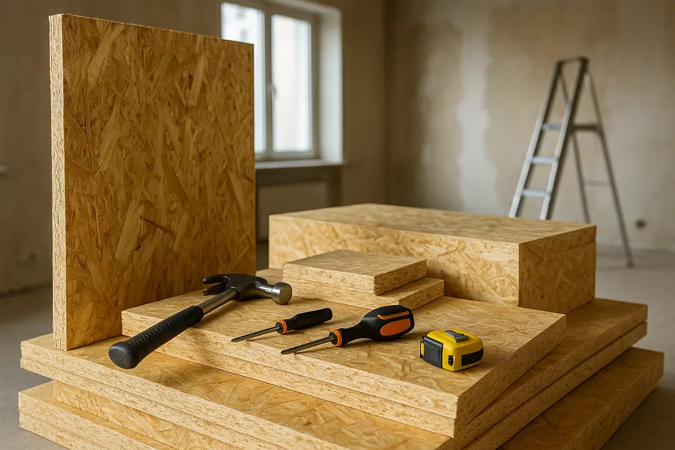 Płyty OSB i narzędzia remontowe w pomieszczeniu przygotowanym do pracy.