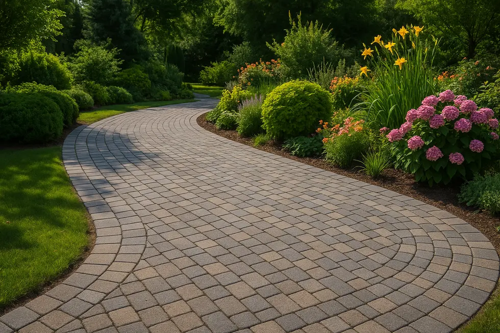 Widok dobrze ułożonego podjazdu z kostki brukowej, otoczonego kwiatami i zieleńmi w ogrodzie.