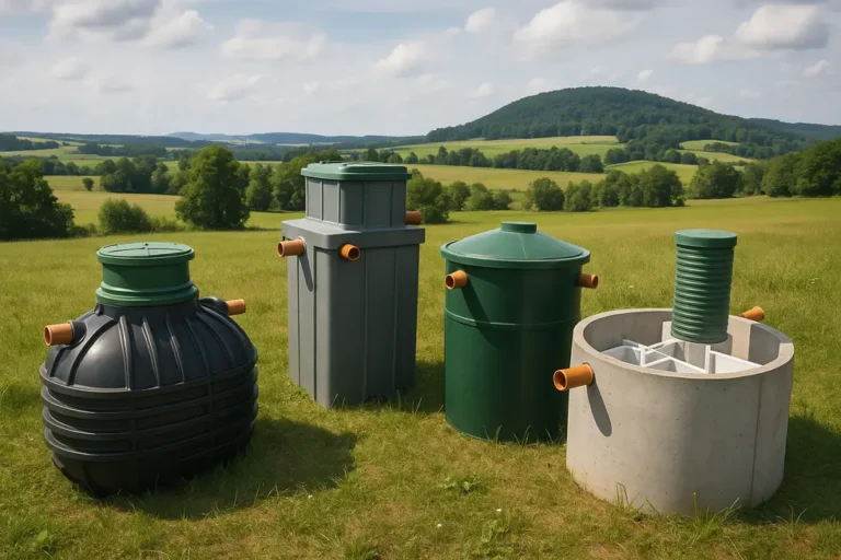 Ile kosztuje oczyszczalnia ścieków? Przewodnik po cenach i technologiach 5 Wizualizacja różnych oczyszczalni ścieków w naturalnym krajobrazie.